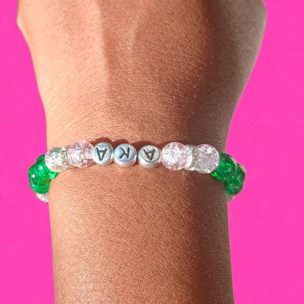 Green Pink and Silver AKA Beaded Bracelet